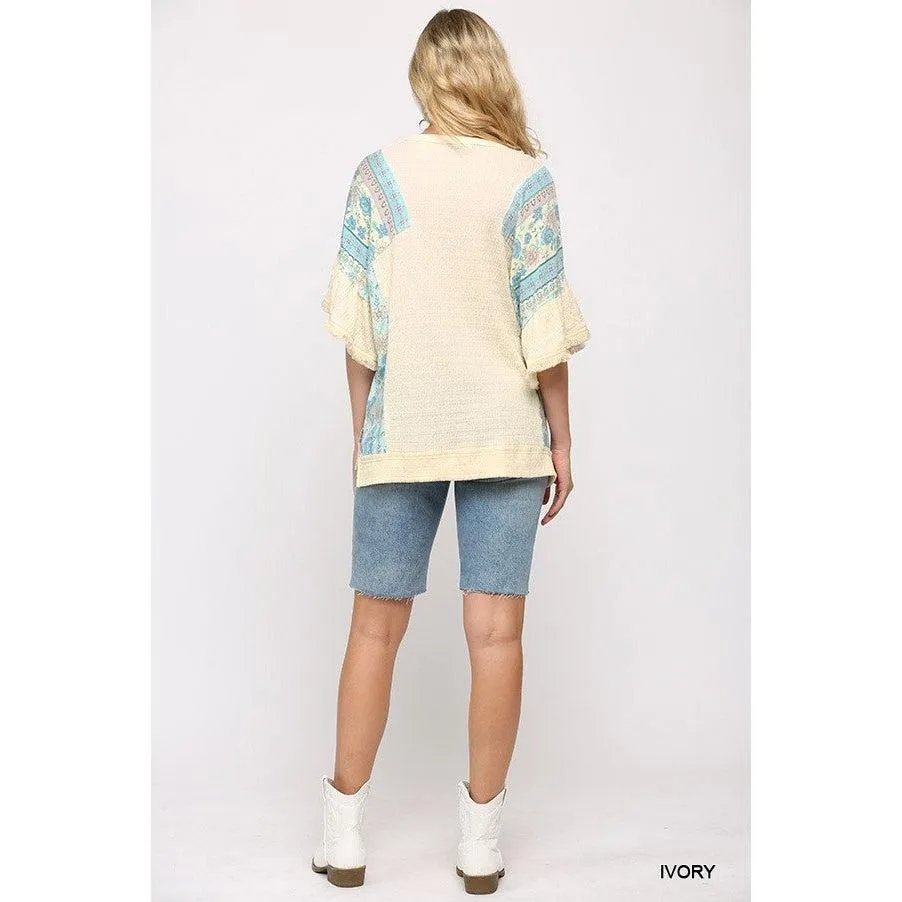 Texture Knit And Print Mixed Hi Low Hem Top