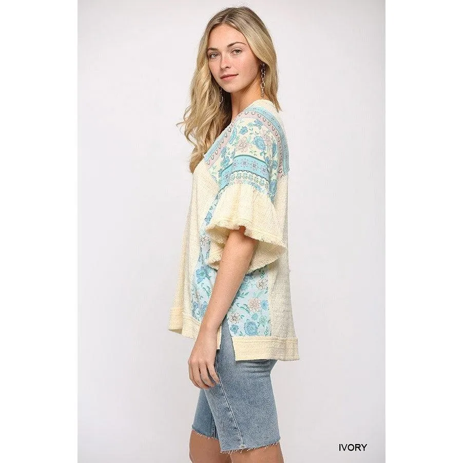 Texture Knit And Print Mixed Hi Low Hem Top