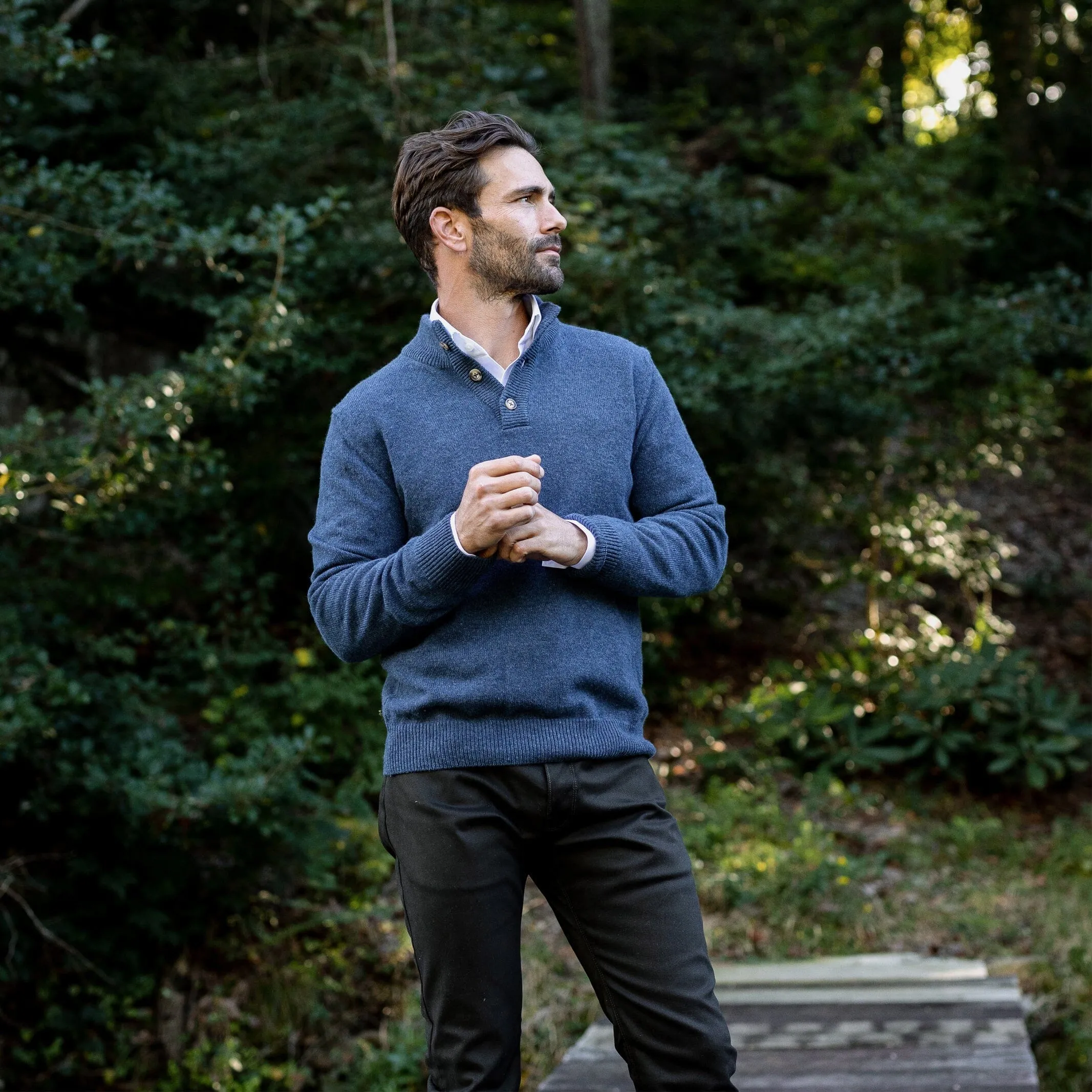 The Blue Heather Brewer Mock Neck Sweater