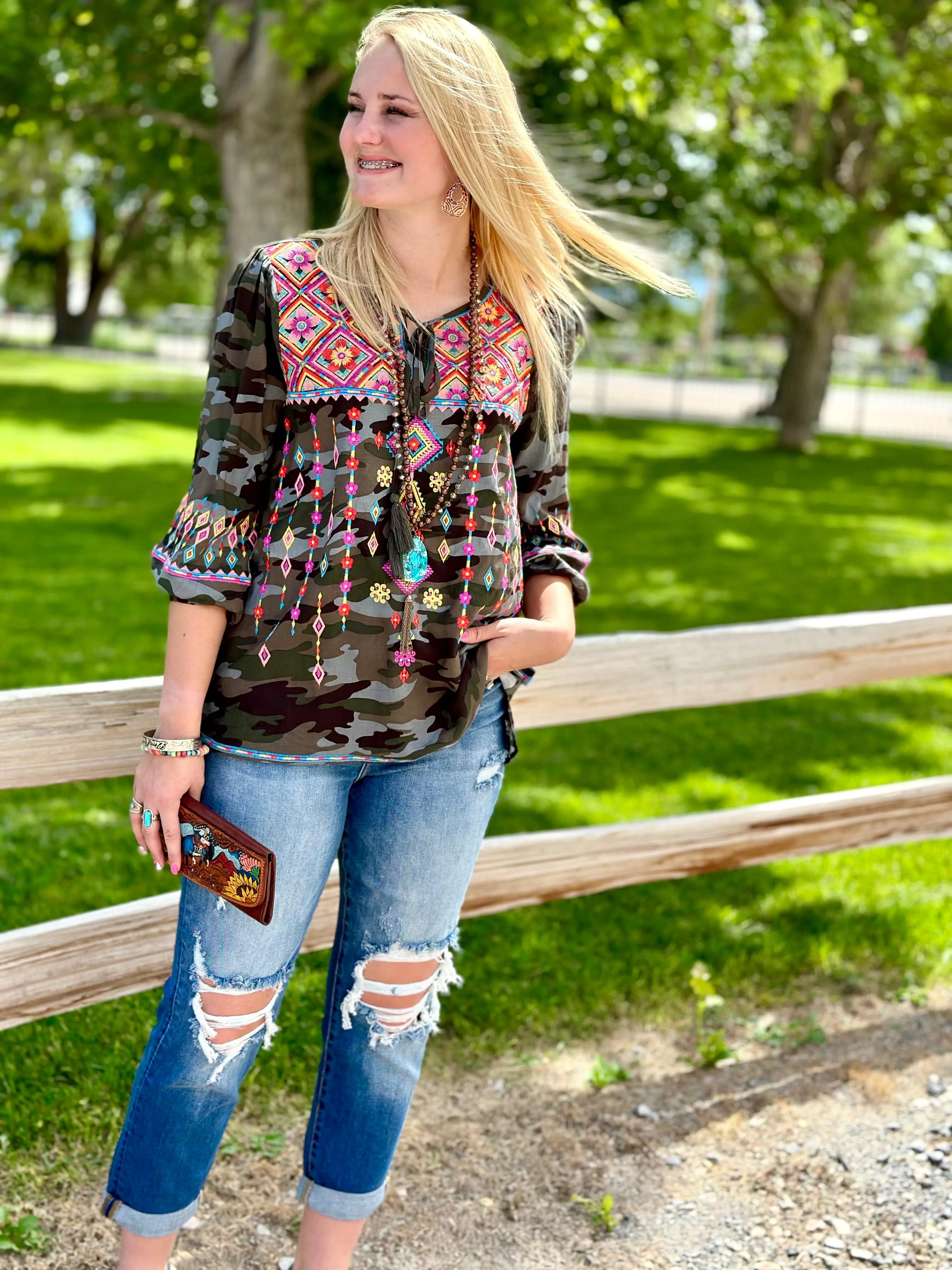 The Casita Colors Embroidered Camo Top