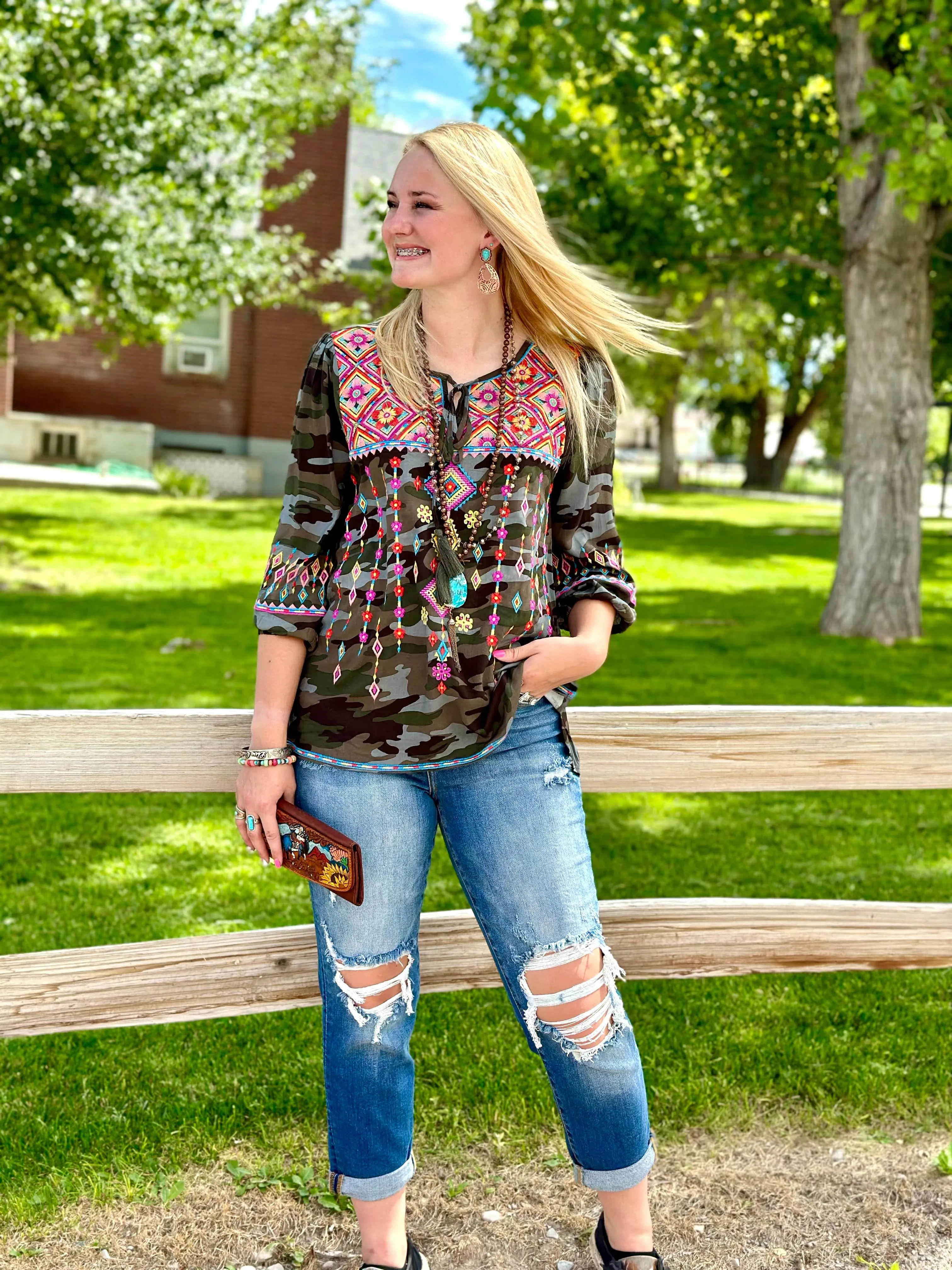 The Casita Colors Embroidered Camo Top