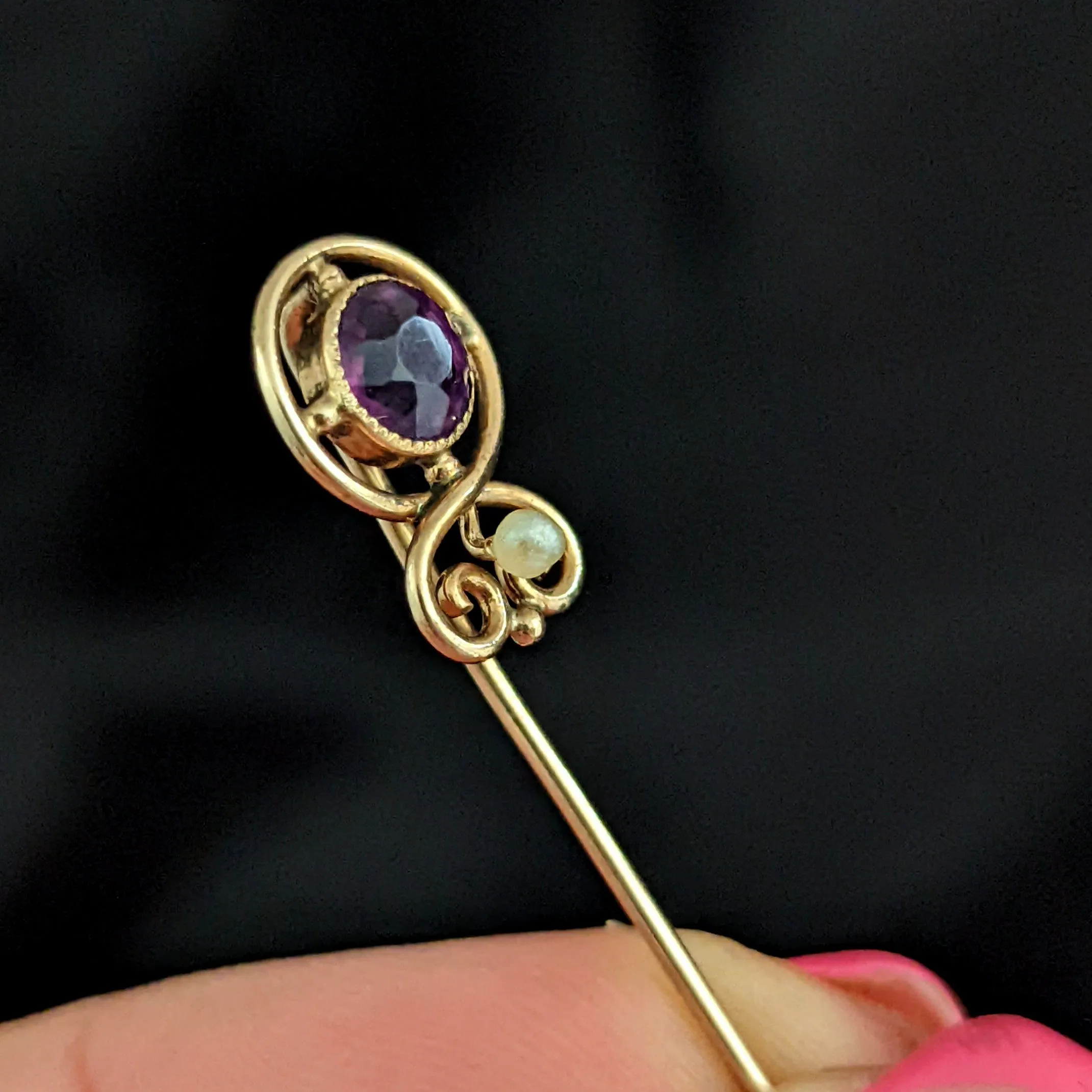 The Destin - Art Nouveau Paste Seed Pearl 14k Gold Stick Pin