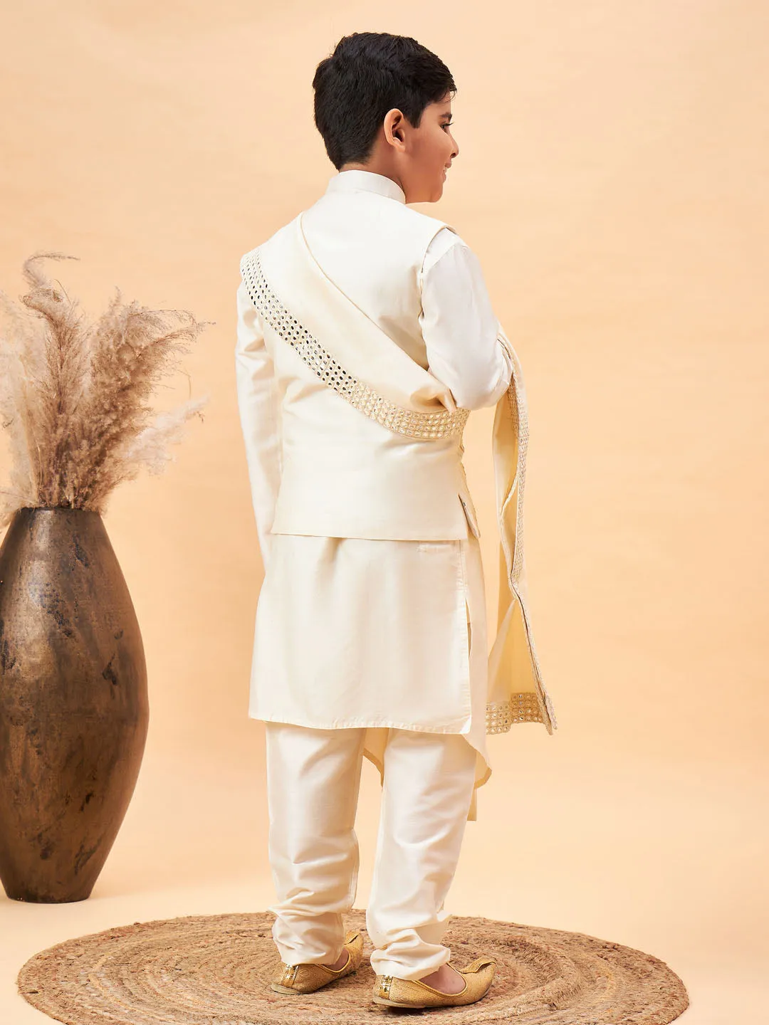 VASTRAMAY Boy's Cream Mirror Work Jacket And Pleated Kurta Pyjama Set With Ethnic Dupatta