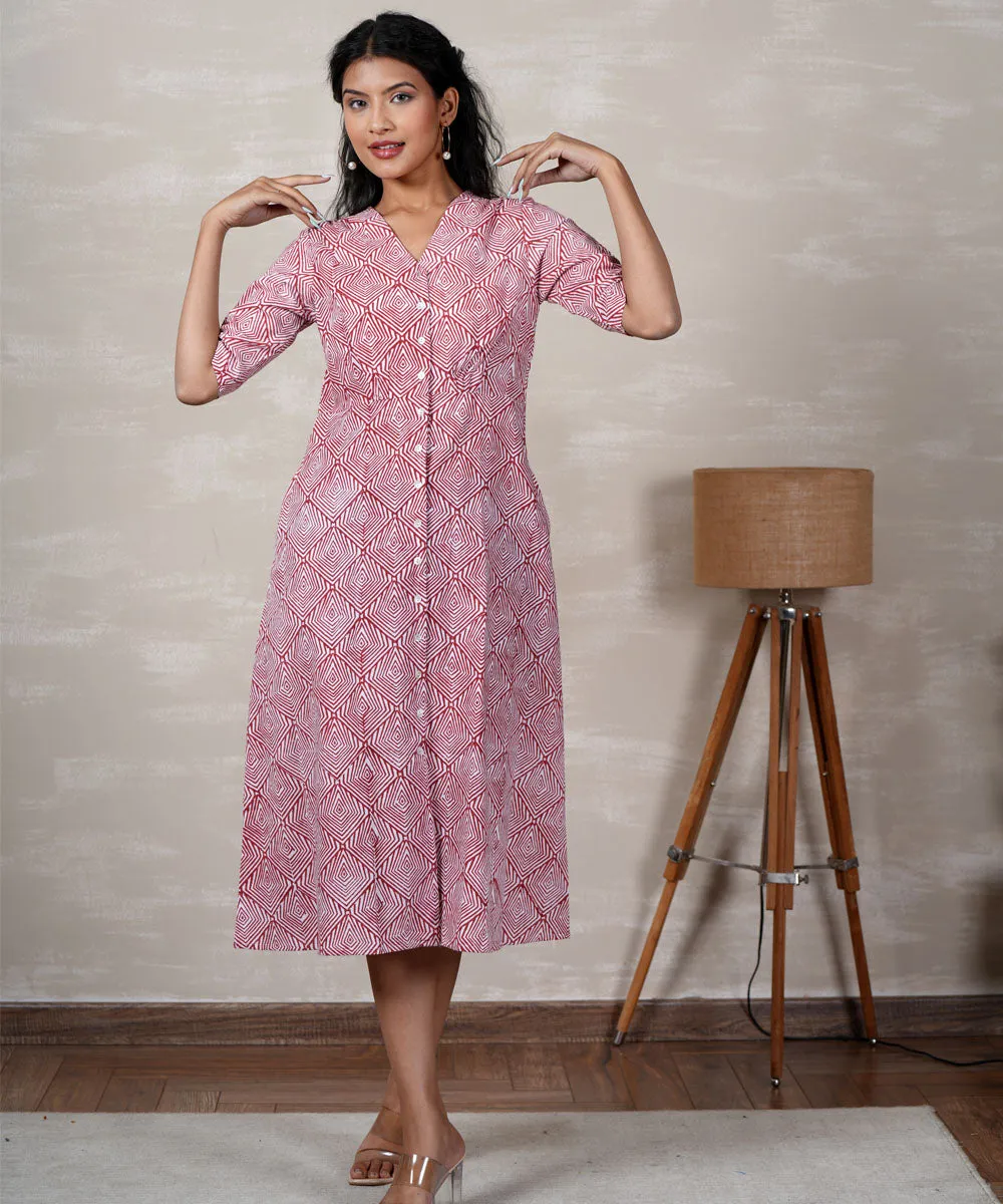 White pink handblock printed cotton dress