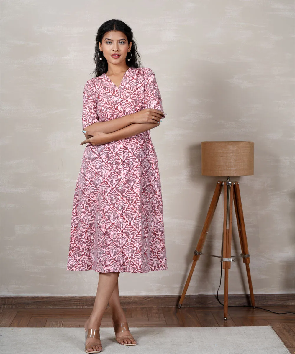 White pink handblock printed cotton dress